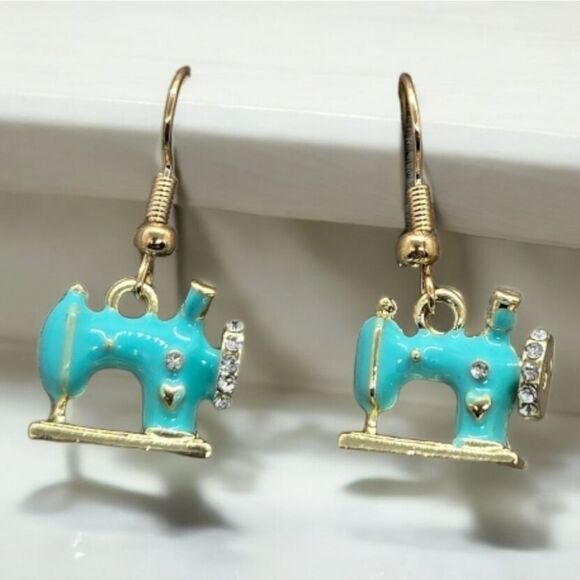 Vintage Sewing Machine Earrings Turquoise Enamel Pierced Hobby Seamstress Gift - Picture 2 of 8